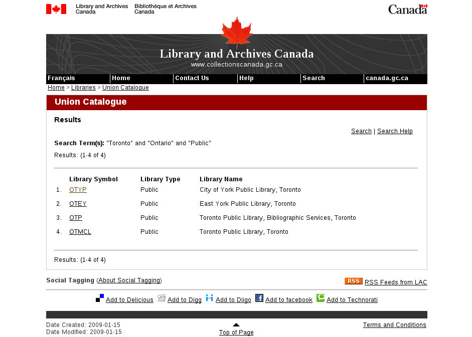 Screenshot of 4 results for type = Public and city = Toronto in LAC Union Catalogue